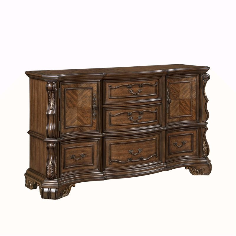 Commode de luxe traditionnelle et élégante, fini brun foncé, 5 tiroirs, détails dorés, meuble de chambre, 1 pièce.