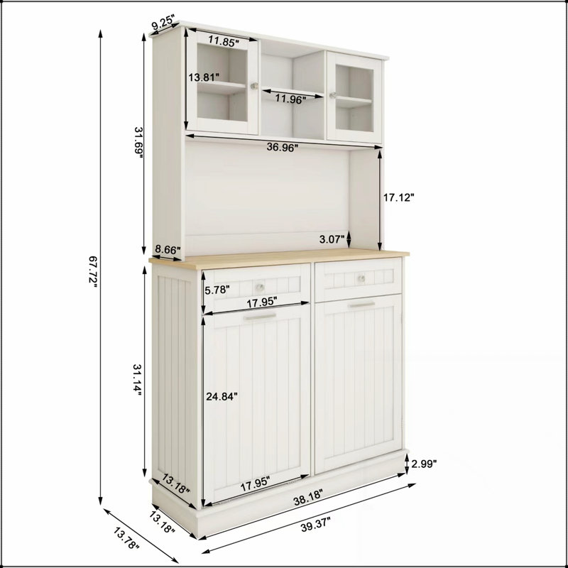 Armoire de rangement pour poubelle de cuisine de 67,7 pouces de hauteur avec 3 tablettes réglables, 2 tiroirs et 1 compartiment à poubelle inclinable pour espaces polyvalents