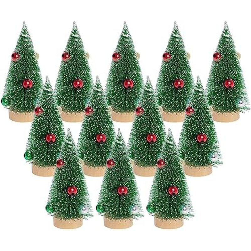 12 pièces mini arbres de Noël petits arbres en sisal mini arbres de pin avec base en bois mini-arbres de brosse artificiels mini arbres de Noël artificiels couleur assortie pour la décoration de Noël 