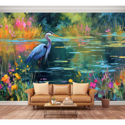 Wall Mural Peel and Stick Great Blue Heron Colorful great blue heron standing by Large Wallpaper Self-Adhesive Removable Contact Paper Wall Decor for Living Room Bedroom Nursery 100"H x 144"W