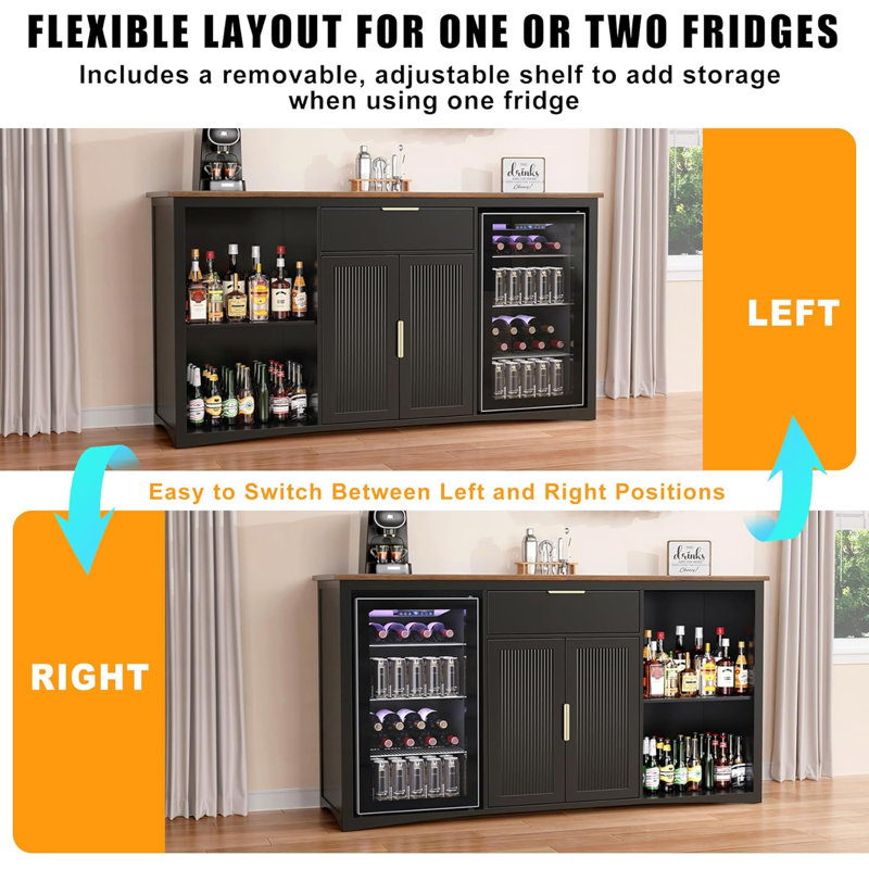 Longue armoire à café avec espace réfrigérateur, armoire à vin moderne avec rangement et prise de courant, buffet avec portes cannelées pour la maison, 70,1 pouces, noir