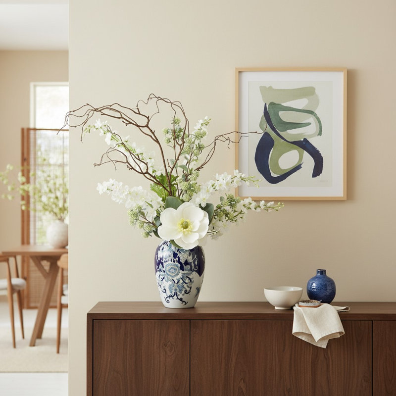 Arrangement de magnolia et de delphinium dans un vase décoratif en céramique