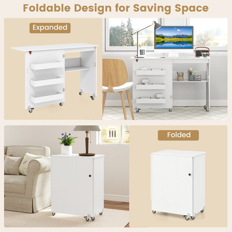 116cm x 40cm Foldable Sewing Table with Sewing Machine Platform and Wheels, White