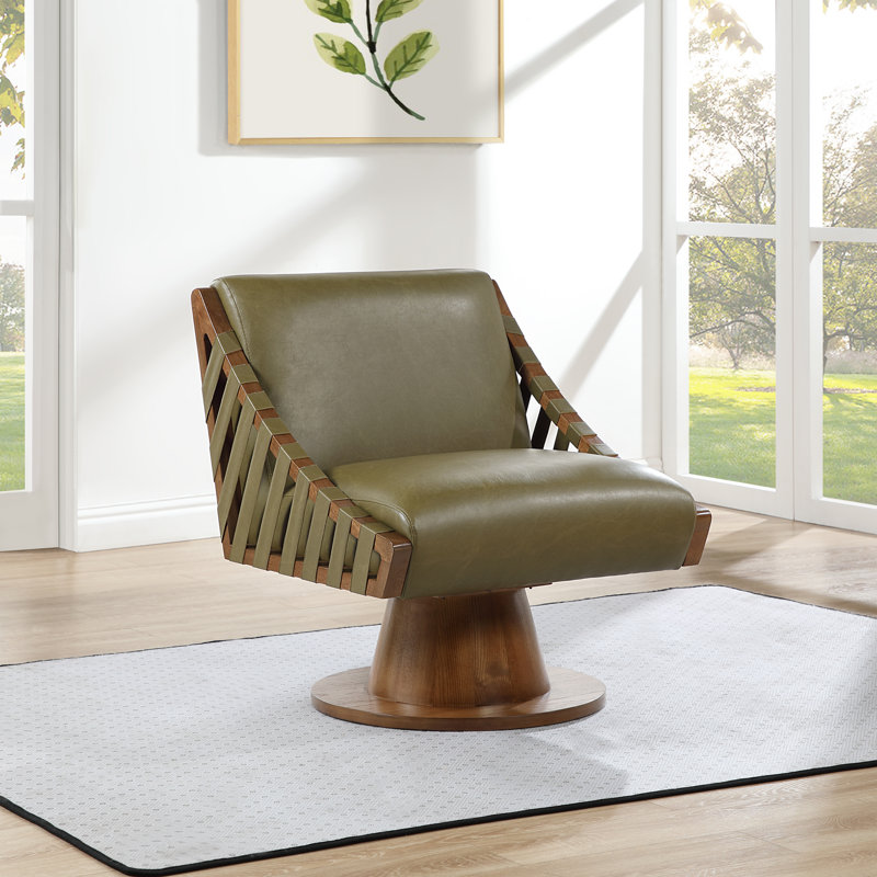 Quinton Vegan Leather Swivel Accent Chair, Olive Vegan Leather, Walnut