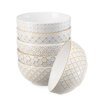  6" Embossed Soup Bowl Set - 6-Piece Artisan Stoneware