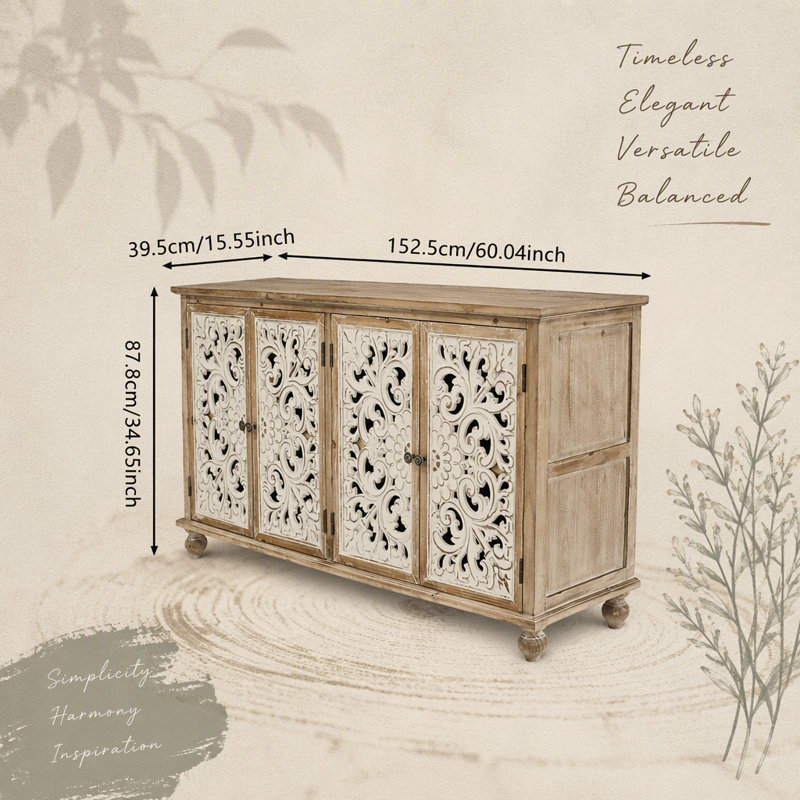 Armoire décorative avec 4 portes, buffet de style campagnard, crédence moderne avec portes florales sculptées pour différentes pièces