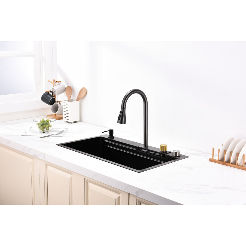 Lavabo de cuisine en acier inoxydable 304 de style cascade de pluie avec évier de drainage gris