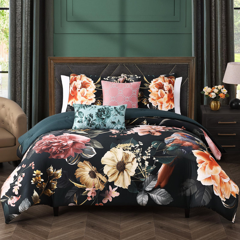 Bebejan Botanical Birds 100% Cotton Sateen 5 Piece Reversible Comforter Set, King Comforter + 4 Additional Pieces