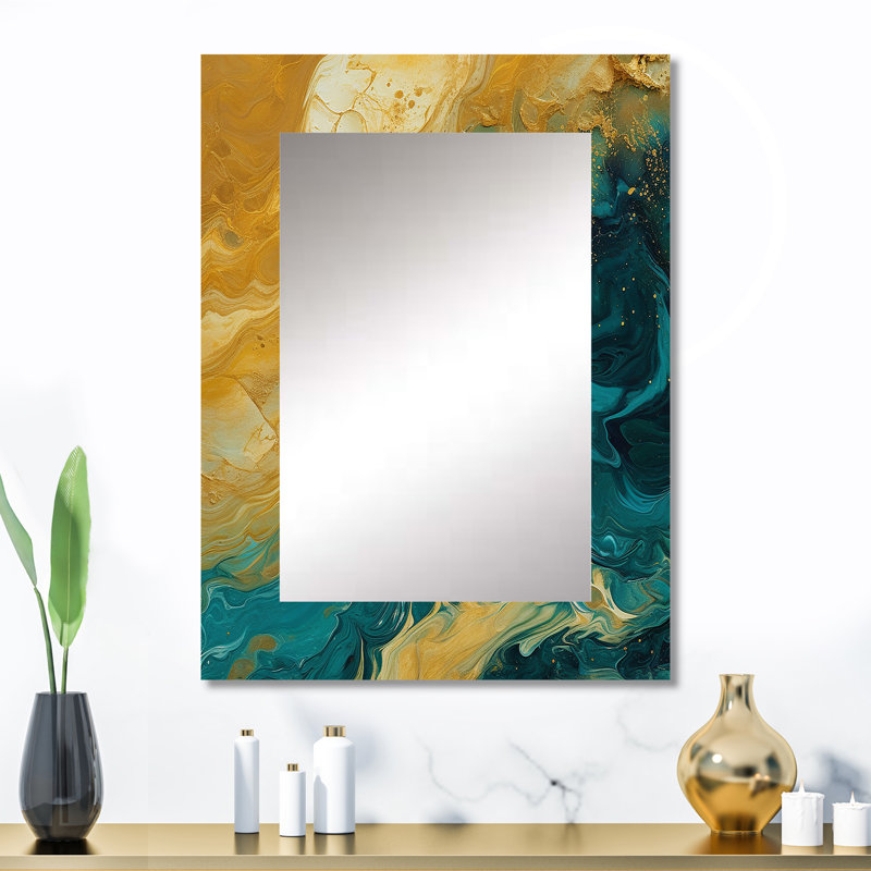 Golden Sunshine in Deep Blue Ocean Abstract - Art abstrait, miroir mural décoratif, 32 po x 24 po