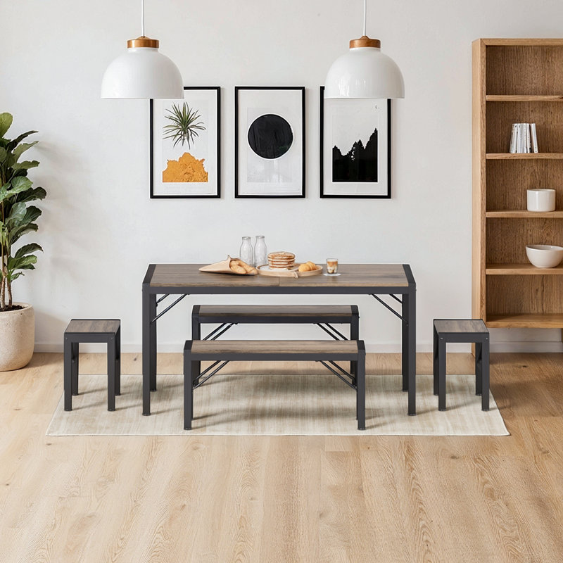Pendry 6 - Person Dining Set, Dining Table with 2 Long Benches and 2 Short Benches, Gray