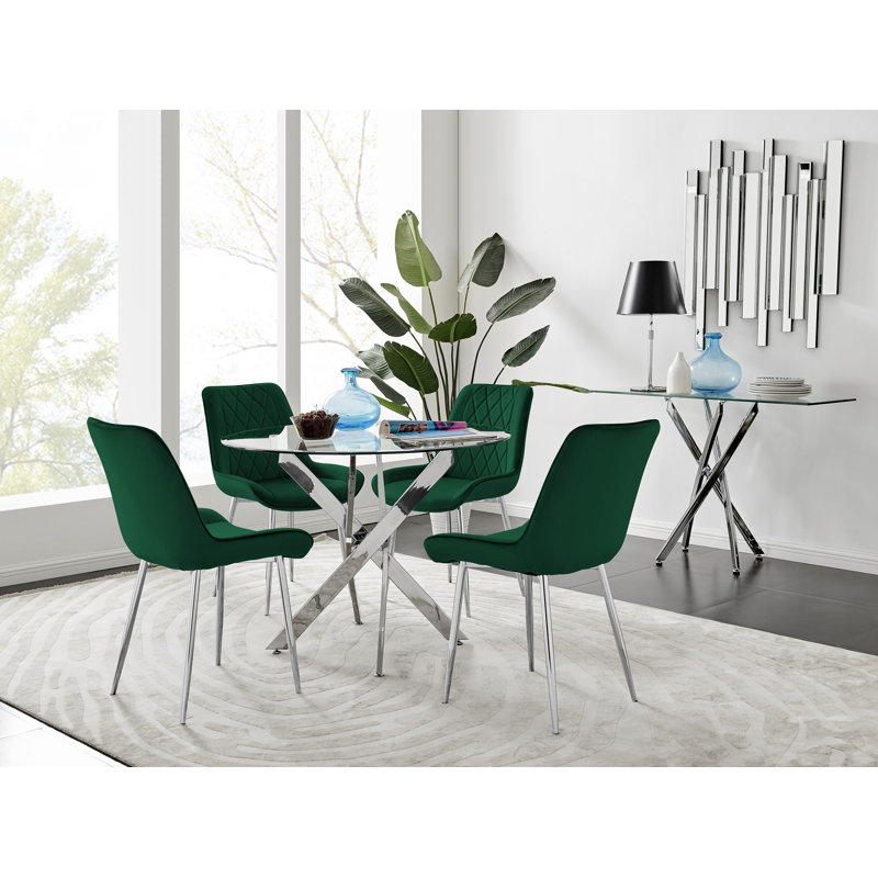 4 - Person Glass Top Pedestal Dining Set, Green/Silver, Silver