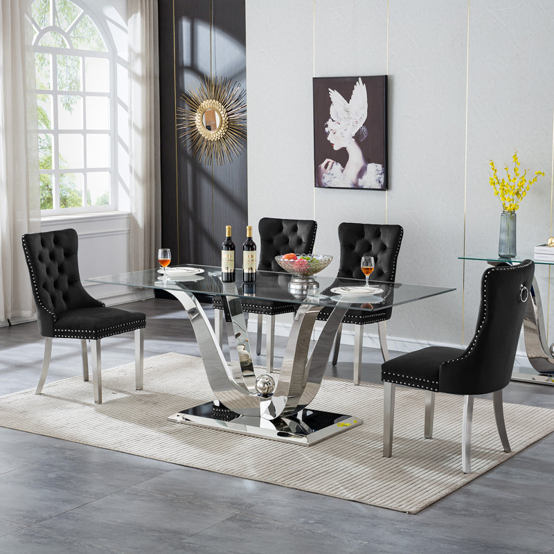 Glass Dining Table Set, Dining Table with Velvet Dining Chairs, 70" Glass Dining Table Set, Kitchen Table and Chairs with Stainless Steel Base for Kitchen Dining Room