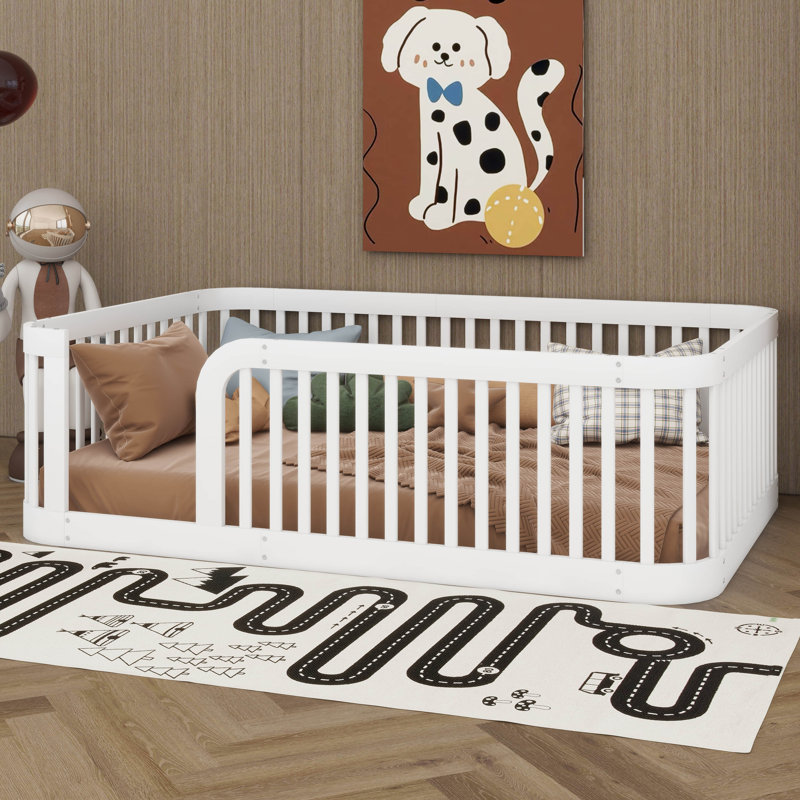 Full Size Montessori Floor Bed Frame With Fence, No-Slat Design For Creative Play, DIY Space, Solid Wood Safety Guardrail