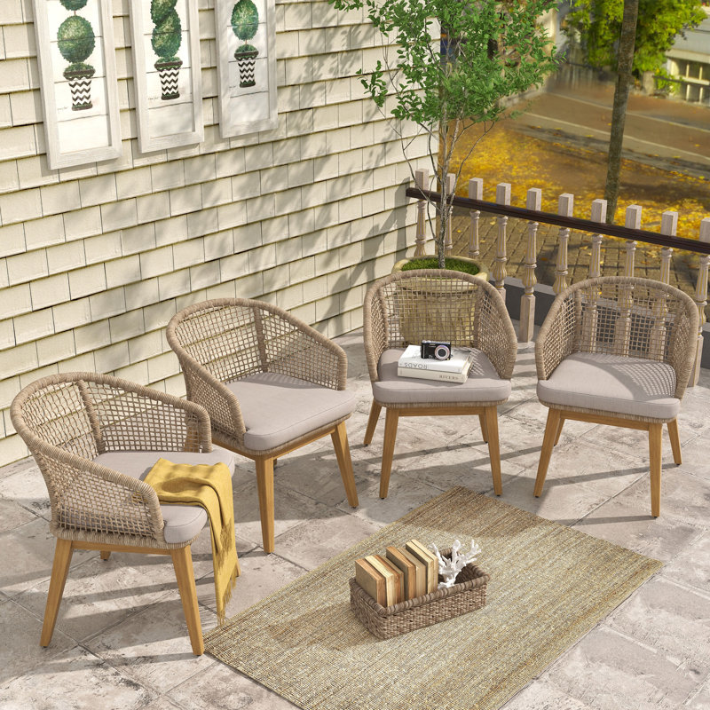 Chaises de salle à manger d'extérieur tissées à la corde avec coussin (ensemble de 4), Beige