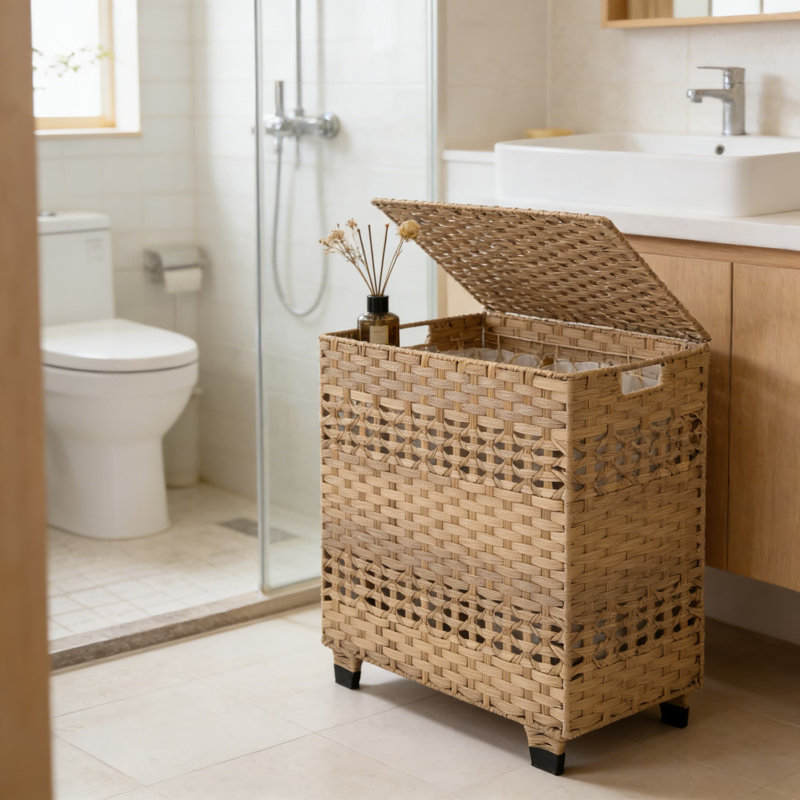 Panier à linge de grande capacité avec couvercle et sacs de doublure amovibles, panier à vêtements pliable avec housse anti-poussière et base surélevée, rangement en osier synthétique pour la chambre à coucher