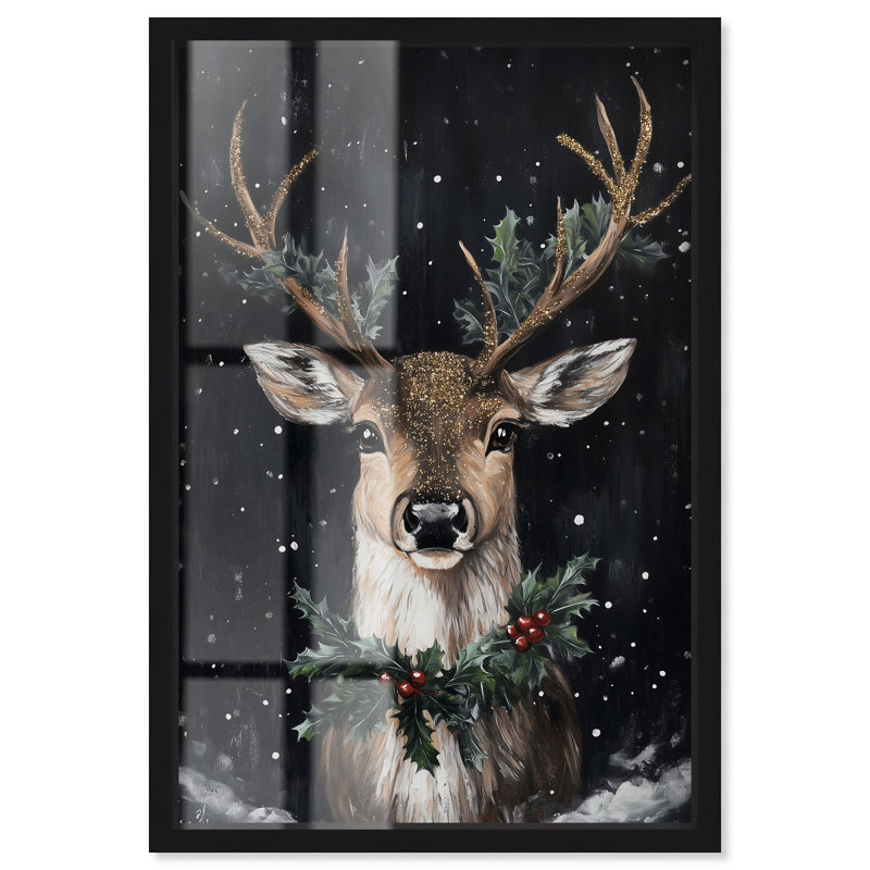 Décoration murale de Noël «Deer in Snowfall» par Art Remedy, cadre noir, 21 x 31, H 31 po x l 21 po, Structure noire