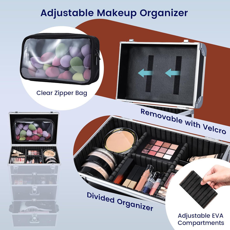 Trousse de maquillage professionnelle à roulettes avec tiroirs, grand chariot à cosmétiques avec serrures, noir mat