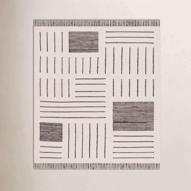 Flore Geometric Handmade Kilim Wool/Cotton Area Rug in Ivory/Black, Square 6'