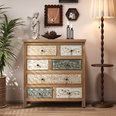 Accent Chest with 6 Drawers, Rustic Multicolor Carved Storage Dresser for Bedroom, Living Room, Farmhouse Style Decor (25.59" L x 12.6" W x 33.07" H)