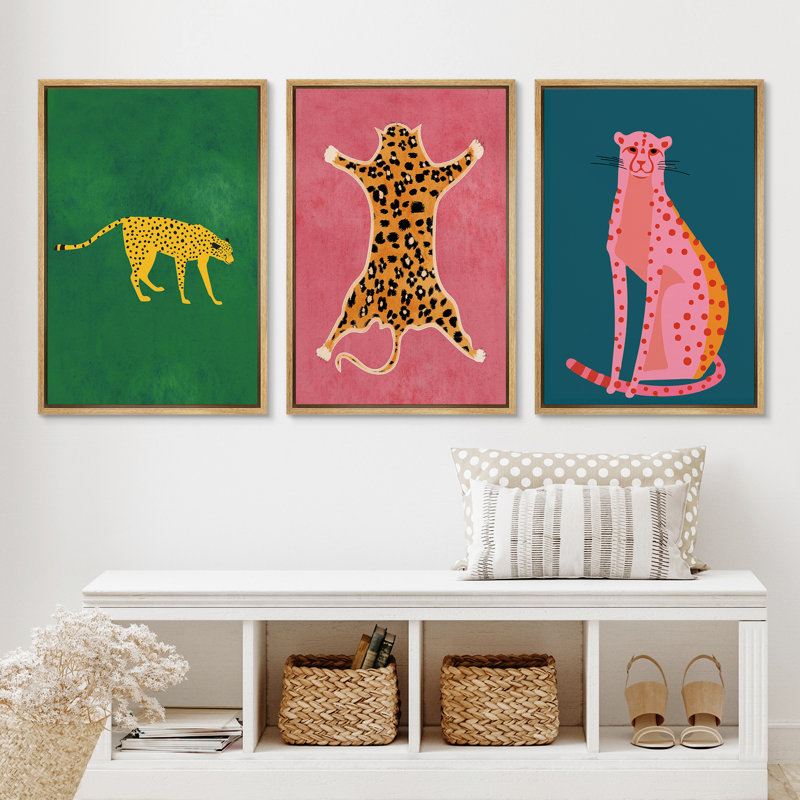Bright Preppy Animals "Pop Vibrant Bold Green Pink Blue Artwork, Chic Tiger Leopard Colorful Wall Pictures, 3 Pieces Framed Canvas Giclee Digital Print Wall Art"