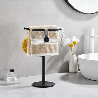 Modern Matte Black Stainless Steel E-Shaped Freestanding Towel Holder, Tabletop Towel Rack with Round Base for Bathroom Countertop or Kitchen