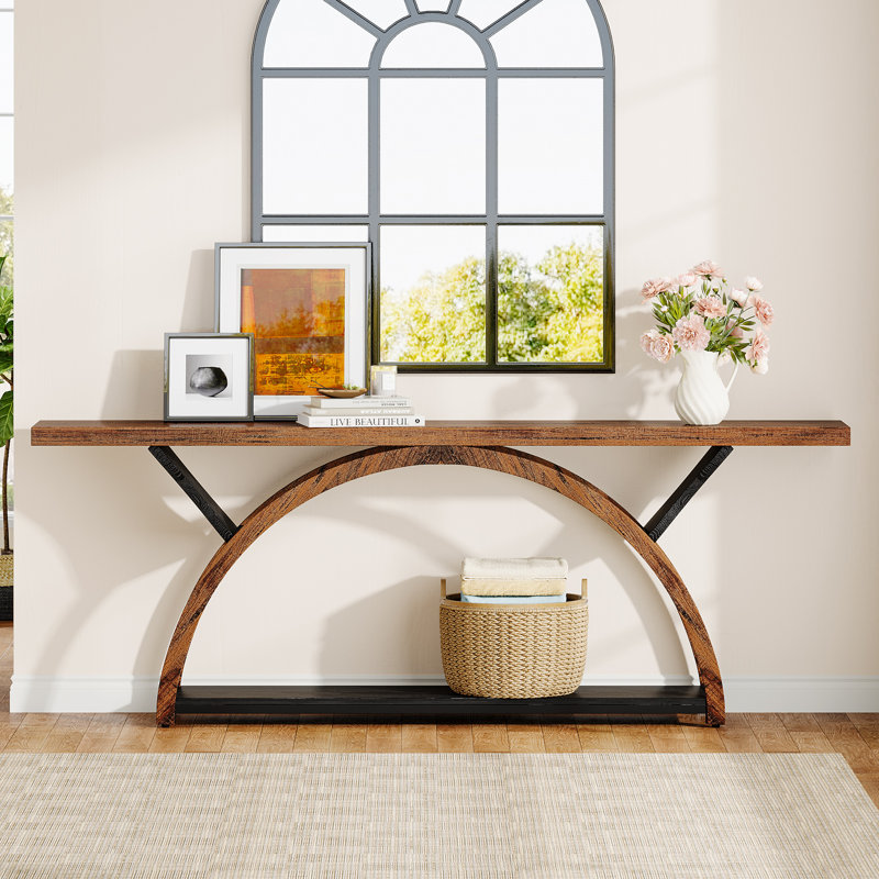 70.87'' Console Table with Storage Shelf, Rustic Industrial Sofa Table with Half-Moon Frame for Entryway or Living Room