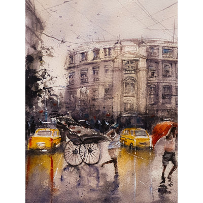 Un jour de pluie à Kolkata | Aquarelle sur papier | Par Subhadra Sarkar