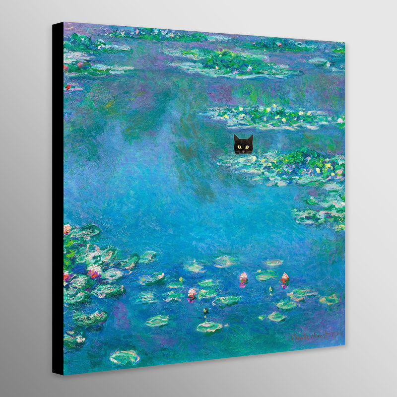 Monet Water Lillies With Black Cat by Claude Monet - Wrapped Canvas Print, 76cm H x 76cm W