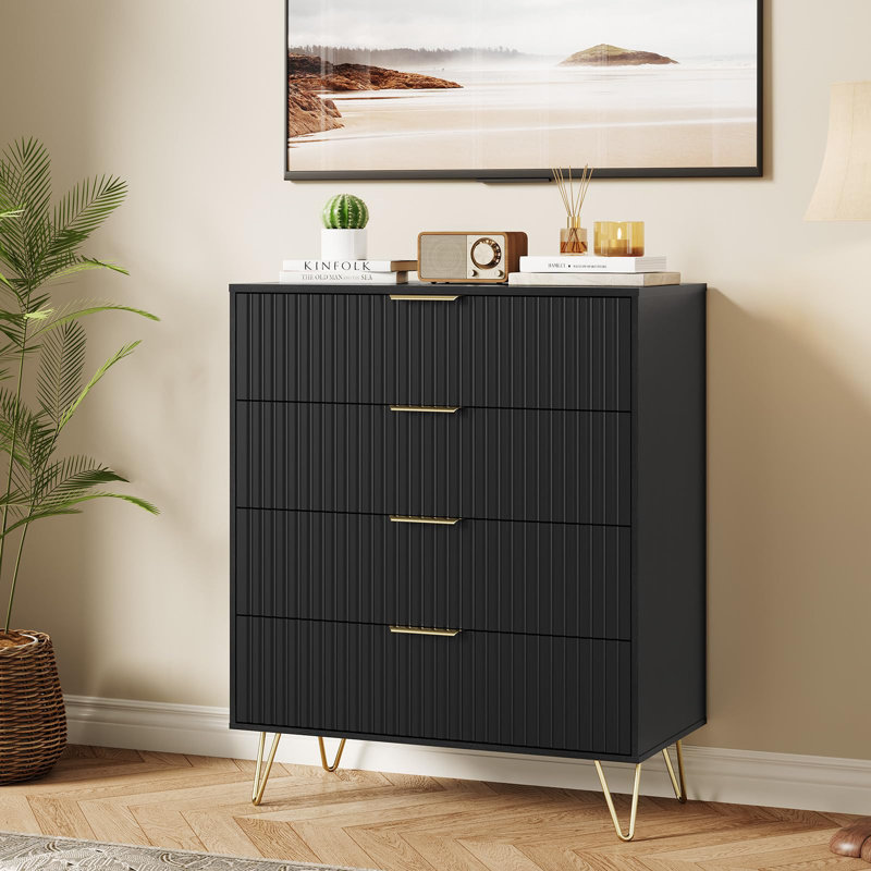 Commode cannelée de 38 po à 4 tiroirs avec poignées en métal, Noir