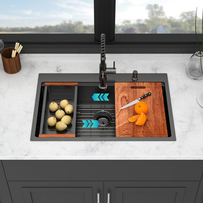 33" Gunmetal Black Single Bowl 16 Gauge T304 Stainless Steel Kitchen Sink With Pull - Down Faucet, Workstation Ledges, X Shaped Drain, Nano Coated For Fingerprint And Rust 33 X 22 9 Inch Topmount