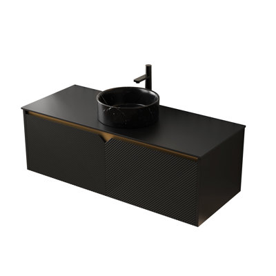 Meuble-lavabo mural noir de 48 po, lavabo en céramique avec motif en pierre, comptoir fritté et vasque flottante en bois massif avec portes en sergé, Top Symmetry Aesthétique