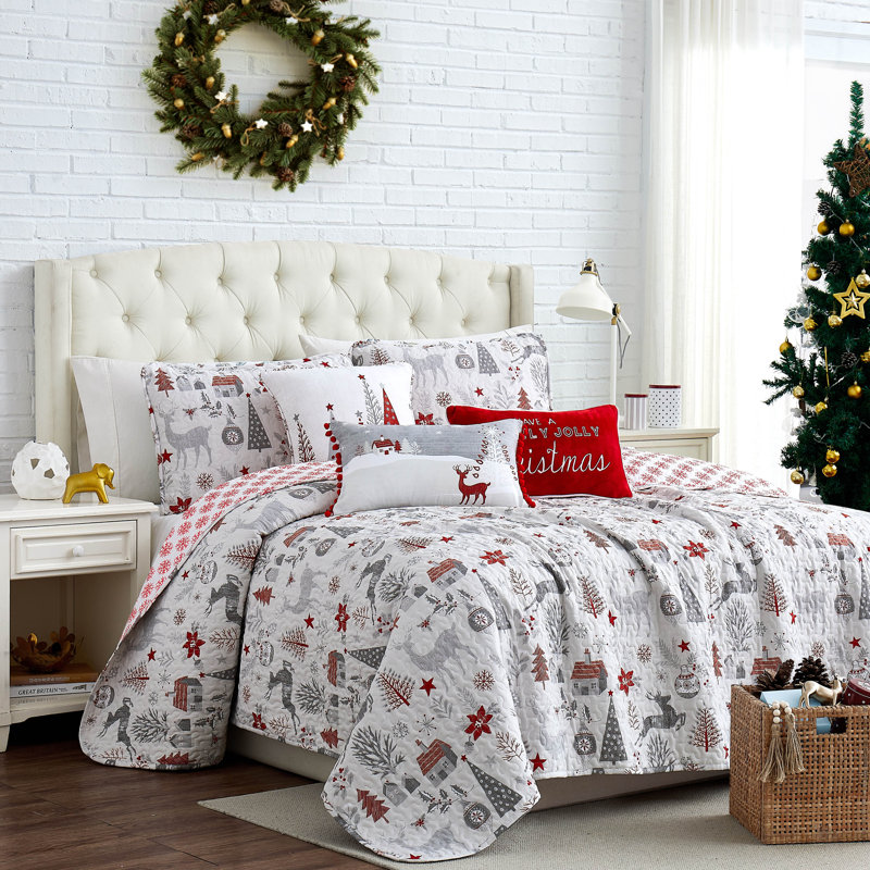 Holly Jolly Gray/Red Microfiber Reversible Quilt Set, King Quilt +  4 Additional Pieces