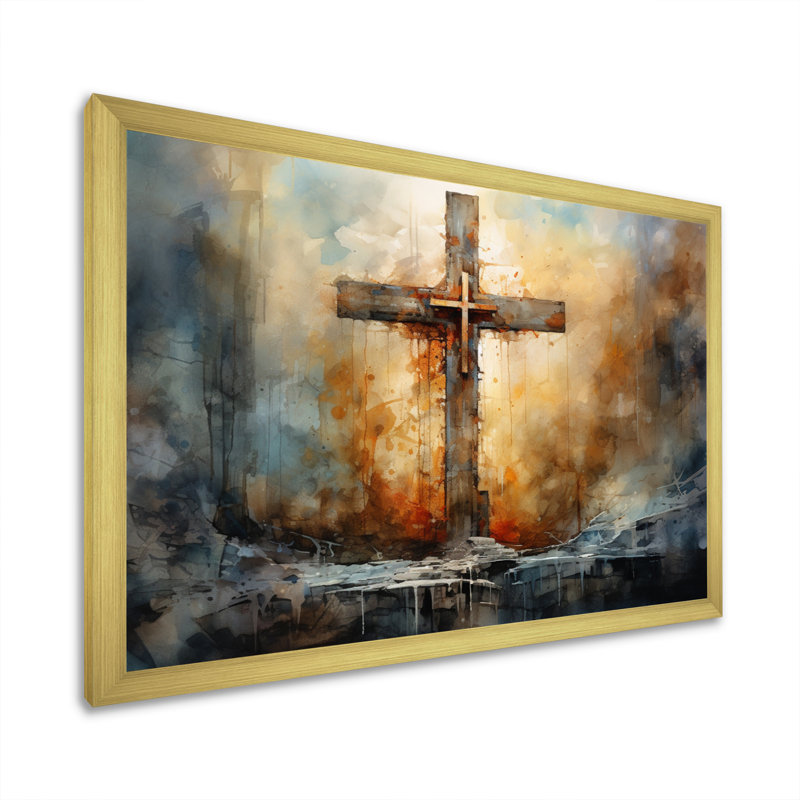 Croix, symbole puissant - art mural, Cadre doré simple, H 34 po x l 44 po x P 1,5 po