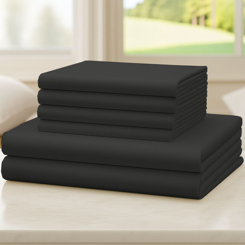 Ensemble de draps en microfibre 6 pièces 6 pièces, Ensemble de draps pour lit simple avec deux taies , Noir