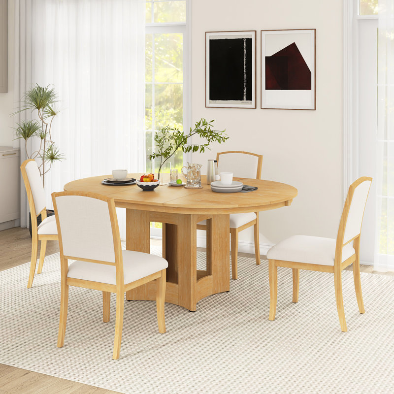 5-Piece Solid Wood Extendable Farmhouse Dining Table Set, Brown, Brown