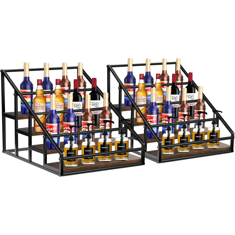 4-Tier Coffee Syrup Rack Organizer For Liquor Bottles, Spices, And Kitchen Condiments - Durable Metal Frame With Rustic Wood Base - Space-Saving Design Holds 16 Bottles