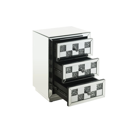 Mirrored And Faux Diamonds Accent Table With Tray - 18"W X 26"H, 1.3" Thick, Synthetic Desk 3 Drawers, Thick Tabletop, Silver Color