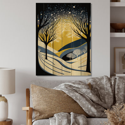 Flocons de neige tombant dans la forêt d'hiver - Décoration murale paysage forêt
