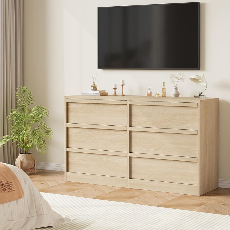Commode double moderne à 6 tiroirs (naturel) avec rangement spacieux, Naturel