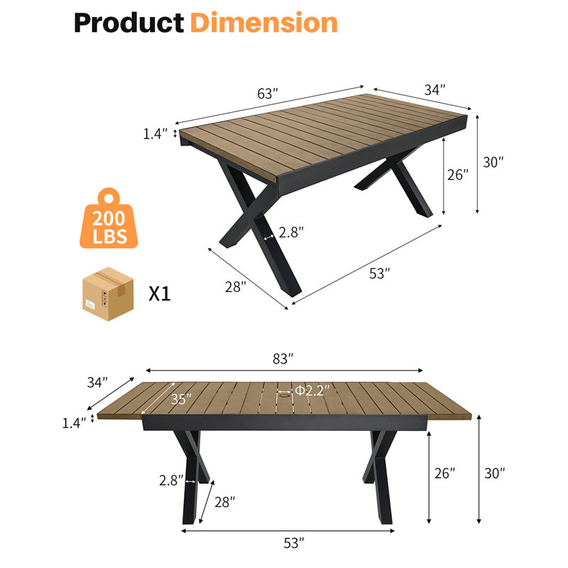 Teak Expandable Outdoor Dining Table for 8, Never-Rust Aluminum Patio Dining Table, 63''-83'' X-Shaped Extendable Dining Table with Umbrella Hole for Garden Porch Deck Indoor or Outdoor Meals