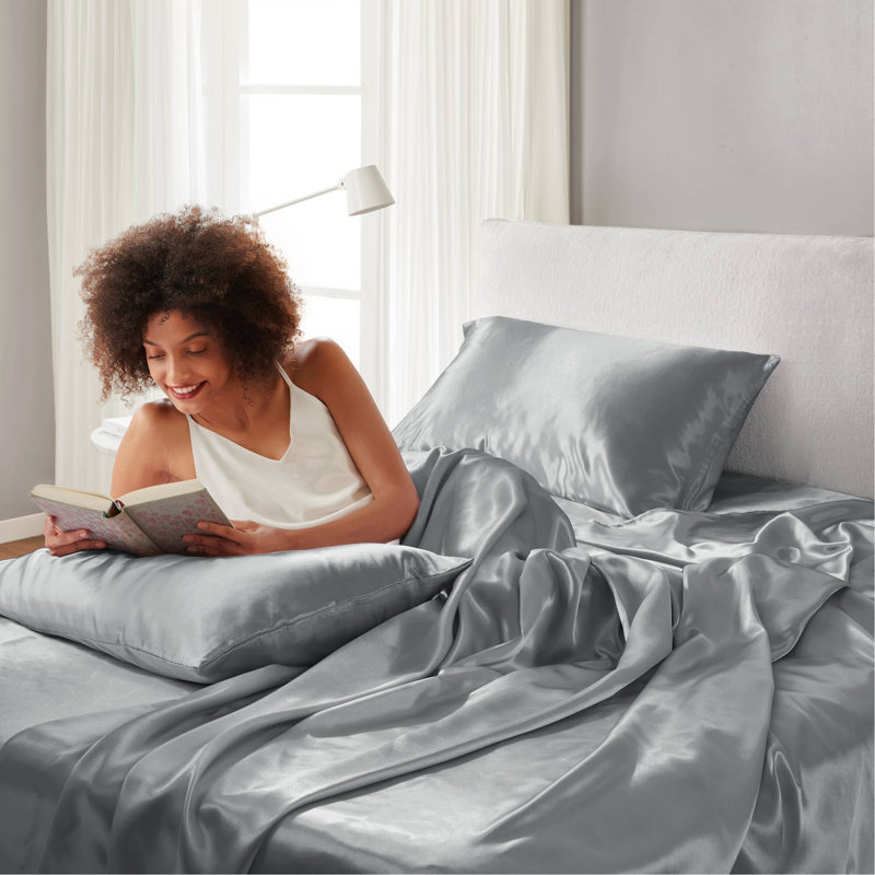 Ensemble de draps 4 pièces, Gris, Couvre-lit simple + 3 pièces supplémentaires