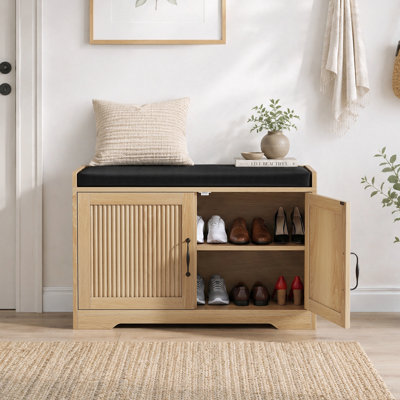 Banc à chaussures de 31,5 pouces de couleur chêne, banc de rangement pour hall d'entrée avec portes doubles et revêtement confortable, convient aux couloirs et aux entrées