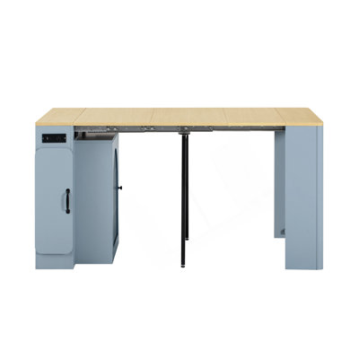 Extendable Dining Table With 3 Removable Middle Leaves, Mobile Rolling Island Table With Power Outlet, Saving-Space Cabinet With Storage