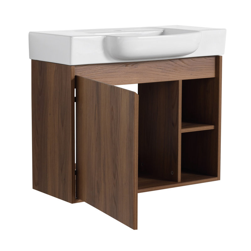 Wall Mount Bathroom Vanity With White Ceramic Sink And Cushioned Door, 27.2"