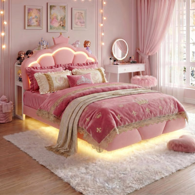 Floating Cloud Crown Velvet Bed with Headboard Storage, LED Light & Built-in Charging Outlet