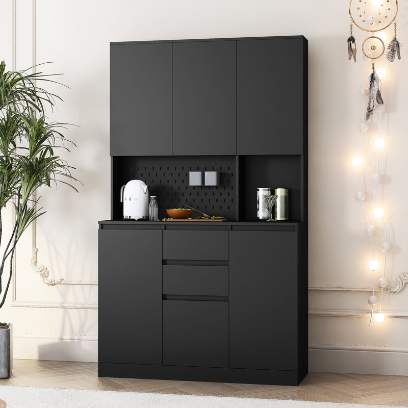 Armoire de rangement autoportante noire 74 po avec 6 portes, 3 tablettes, 2 tiroirs, prises de courant alternatif, ports pour l'organisation de la maison
