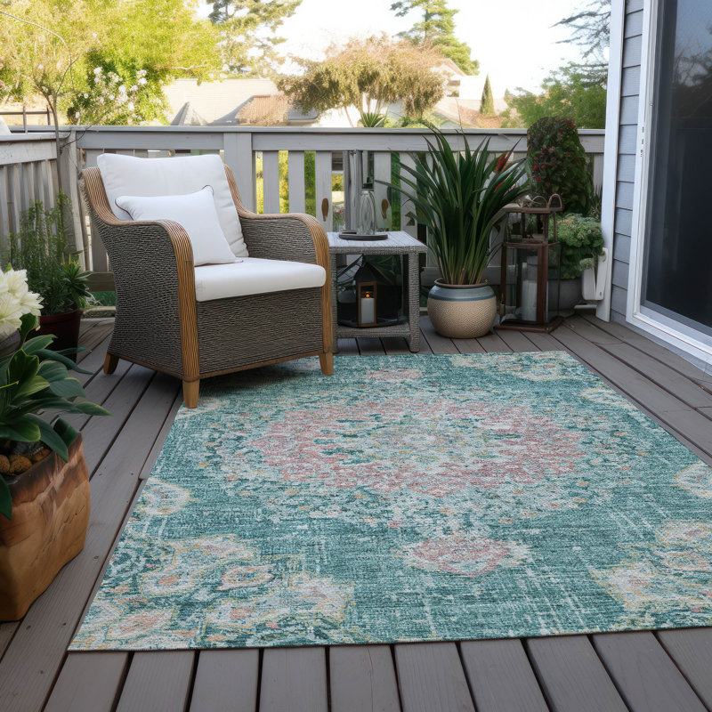 Machine Washable Indoor/Outdoor Claudian ACN1236 Teal Rug, Rectangle 10' x 14'