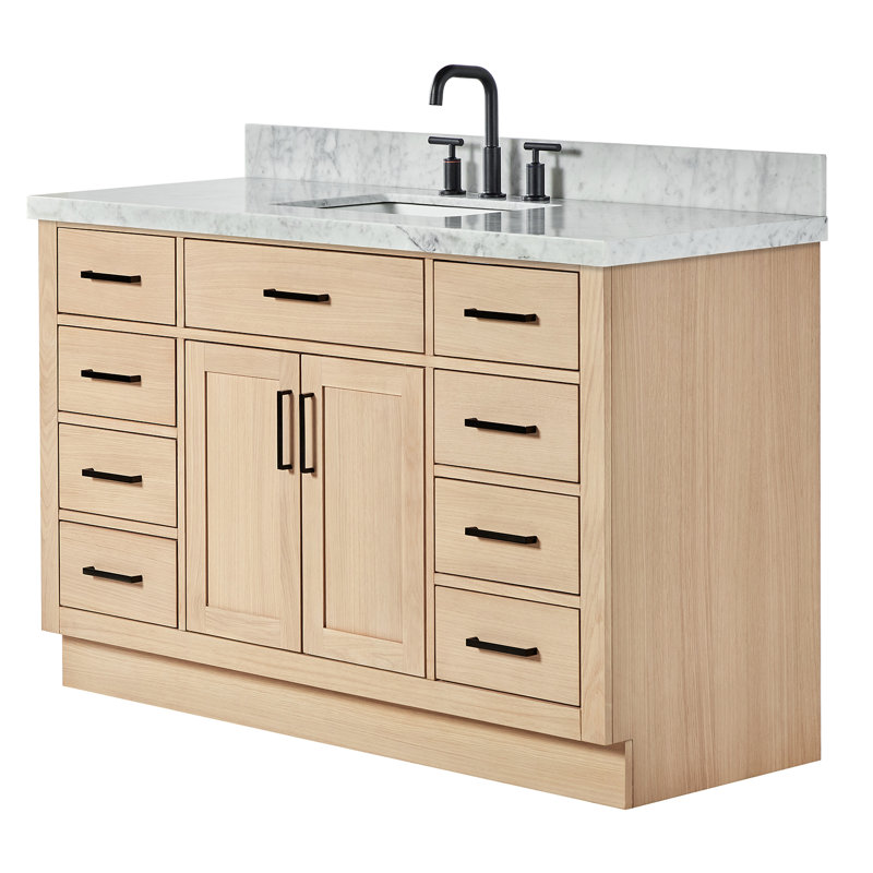 Thornaby 54'' Solid Wood Single Bathroom Vanity with 1.5'' Carrara Marble Top Sink, Natural Oak / Matte Black, Rectangular