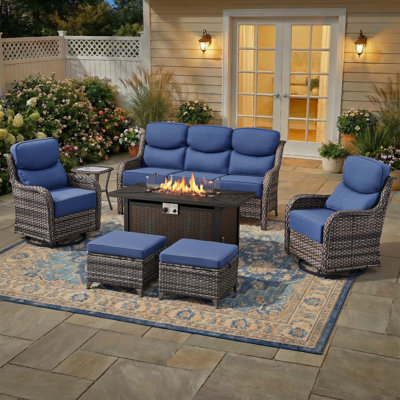 7 - Person Luxury Wicker Patio Furniture Set With Fire Pit Table & 6-Inch Extra-Thick Cushion Swivel Chairs, Side Table