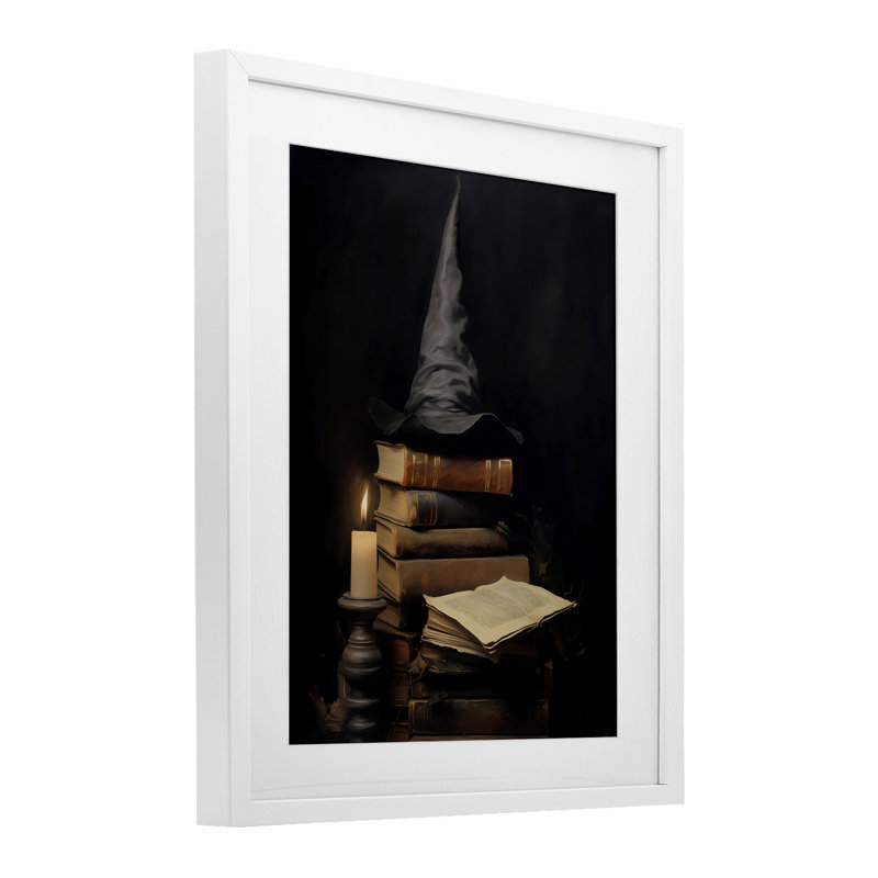 Bibliothèque et chapeau de sorcière, reproduction encadrée sous verre, design par LSR Design Studio, H 21 po x l 17 po